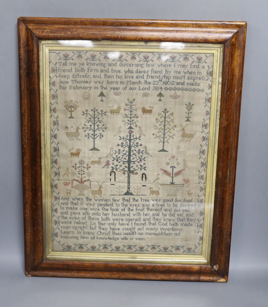 A George III Adam and Eve cross stitch sampler, worked by Jane Thomas 1814, 37x28cm